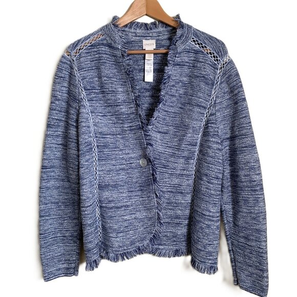 Chico’s Blue & White Fringe-Trim Woven Jacket – Size 2 - Picture 1 of 10